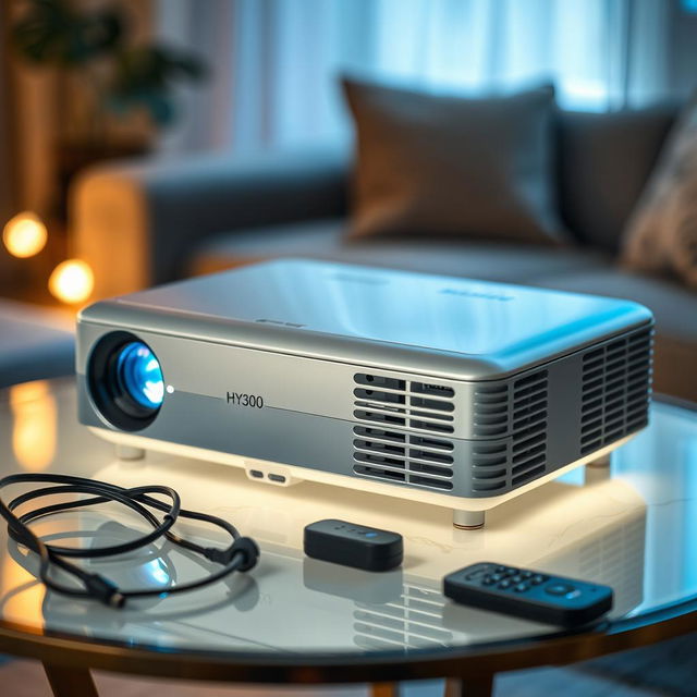 A close-up view of an HY300 projector, showcasing its sleek design and features