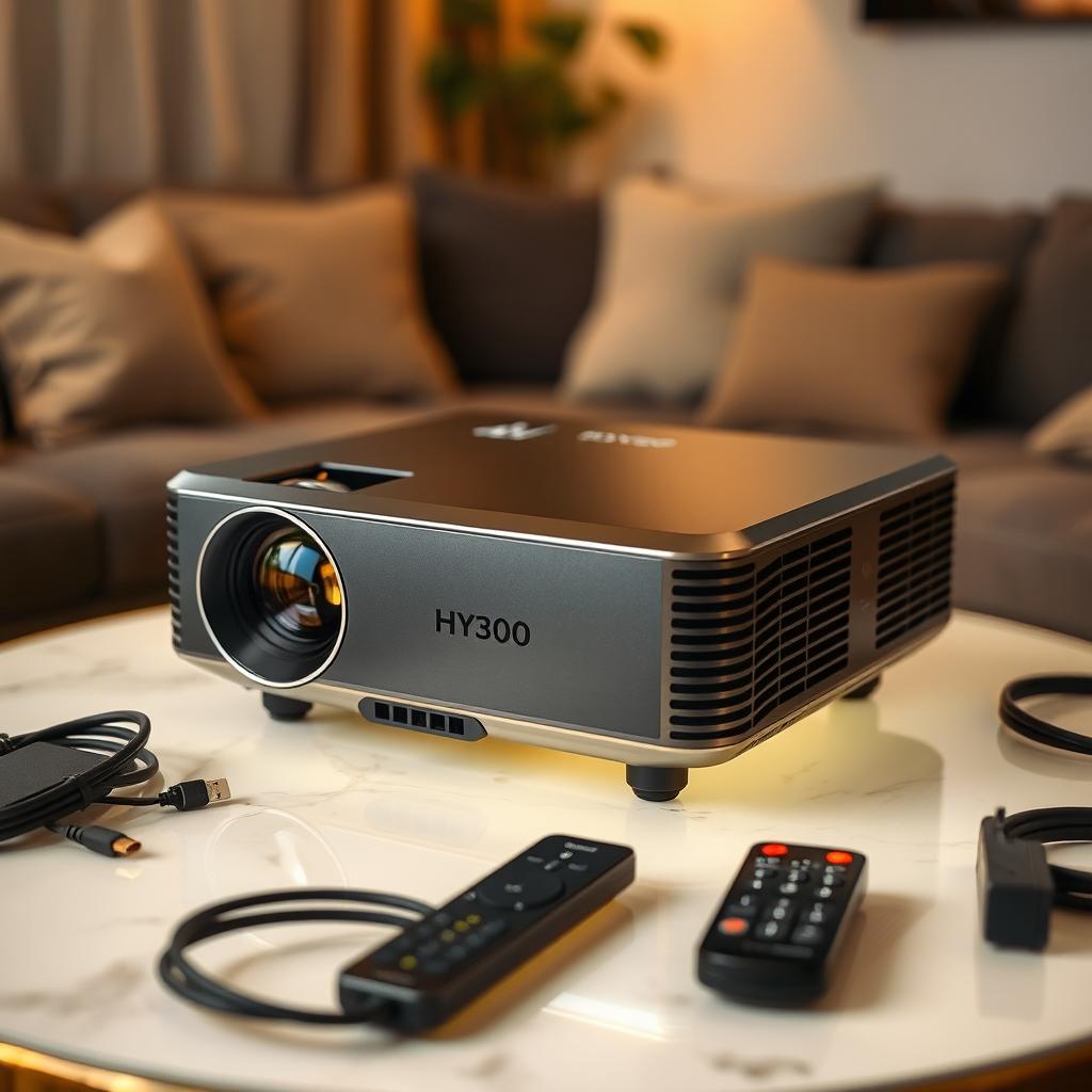 A close-up view of an HY300 projector, showcasing its sleek design and features