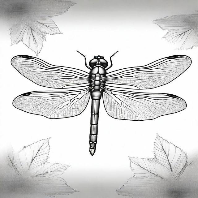 A high-quality, black and white pencil sketch depicting a detailed dragonfly