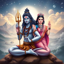 A serene and divine scene featuring Lord Mahadev (Shiva) and Maa Parvati depicted in a peaceful yog mudra (yoga pose), surrounded by a celestial atmosphere filled with stars and soft clouds