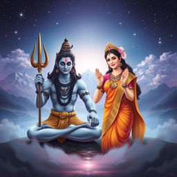 A serene and divine scene featuring Lord Mahadev (Shiva) and Maa Parvati depicted in a peaceful yog mudra (yoga pose), surrounded by a celestial atmosphere filled with stars and soft clouds
