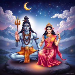 A serene and divine scene featuring Lord Mahadev (Shiva) and Maa Parvati depicted in a peaceful yog mudra (yoga pose), surrounded by a celestial atmosphere filled with stars and soft clouds