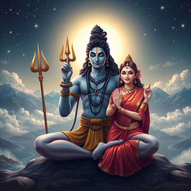 A serene and divine scene featuring Lord Mahadev (Shiva) and Maa Parvati depicted in a peaceful yog mudra (yoga pose), surrounded by a celestial atmosphere filled with stars and soft clouds