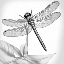 A high-quality, black and white pencil sketch depicting a detailed dragonfly