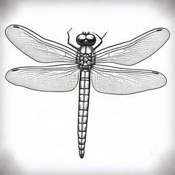 A high-quality, black and white pencil sketch depicting a detailed dragonfly