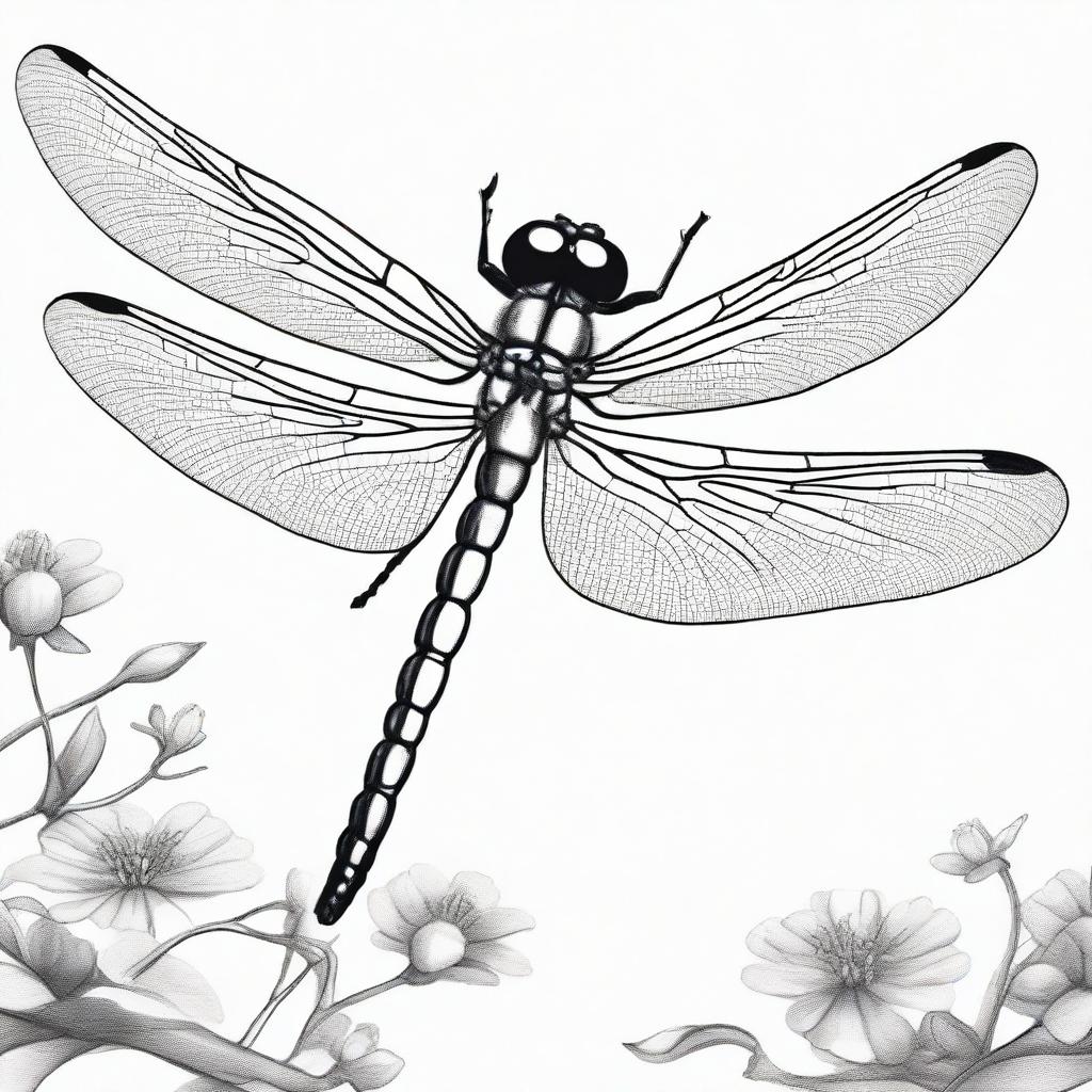 This is a high-quality, black and white pencil sketch of a dragonfly, positioned differently