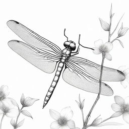 This is a high-quality, black and white pencil sketch of a dragonfly, positioned differently