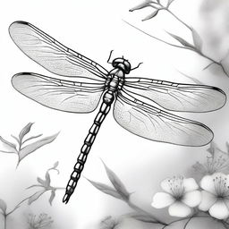 This is a high-quality, black and white pencil sketch of a dragonfly, positioned differently