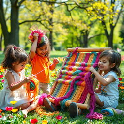 A whimsical scene depicting children joyfully playing with colorful woolen threads in a sunny park