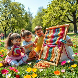 A whimsical scene depicting children joyfully playing with colorful woolen threads in a sunny park