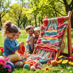A whimsical scene depicting children joyfully playing with colorful woolen threads in a sunny park
