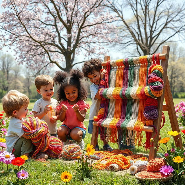 A whimsical scene depicting children joyfully playing with colorful woolen threads in a sunny park