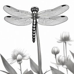 This is an exquisite, black and white pencil drawing of a dragonfly, now portrayed standing on its legs