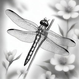 This is an exquisite, black and white pencil drawing of a dragonfly, now portrayed standing on its legs