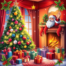 A vibrant Christmas-themed poster featuring a beautifully decorated Christmas tree with colorful ornaments and twinkling lights