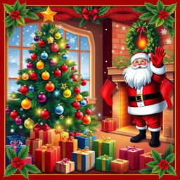 A vibrant Christmas-themed poster featuring a beautifully decorated Christmas tree with colorful ornaments and twinkling lights