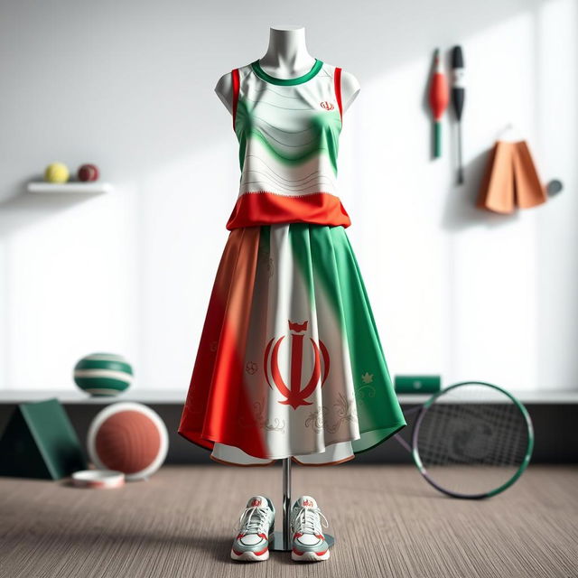 A fashion designer studio showcasing sophisticated tennis clothes inspired by the Iranian flag