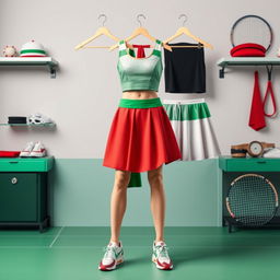 A fashion designer studio showcasing sophisticated tennis clothes inspired by the Iranian flag