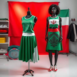 A fashion designer studio showcasing sophisticated tennis clothes inspired by the Iranian flag