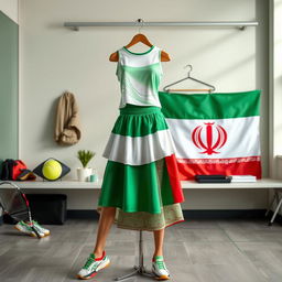 A fashion designer studio showcasing sophisticated tennis clothes inspired by the Iranian flag