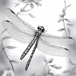 This is an exquisite, black and white pencil drawing of a dragonfly, now portrayed standing on its legs