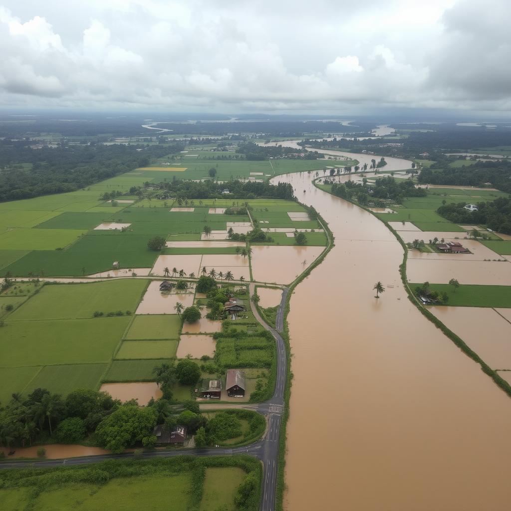 An aerial view of a flooded Sri Lanka, showcasing the expansive landscapes transformed by water