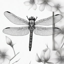 This is an exquisite, black and white pencil drawing of a dragonfly, now portrayed standing on its legs