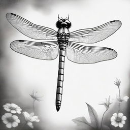 A captivating, black and white charcoal drawing depicts a dragonfly standing on its legs