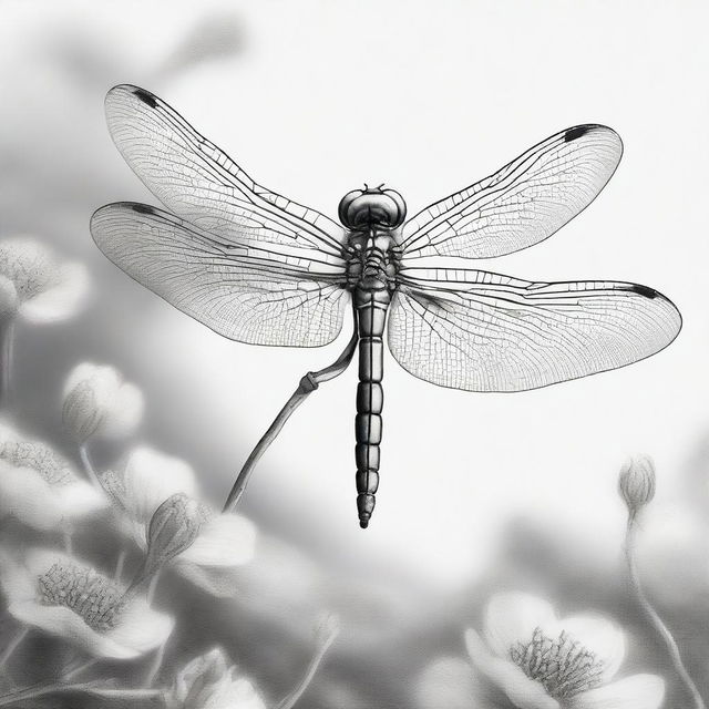 A captivating, black and white charcoal drawing depicts a dragonfly standing on its legs