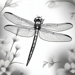 A captivating, black and white charcoal drawing depicts a dragonfly standing on its legs