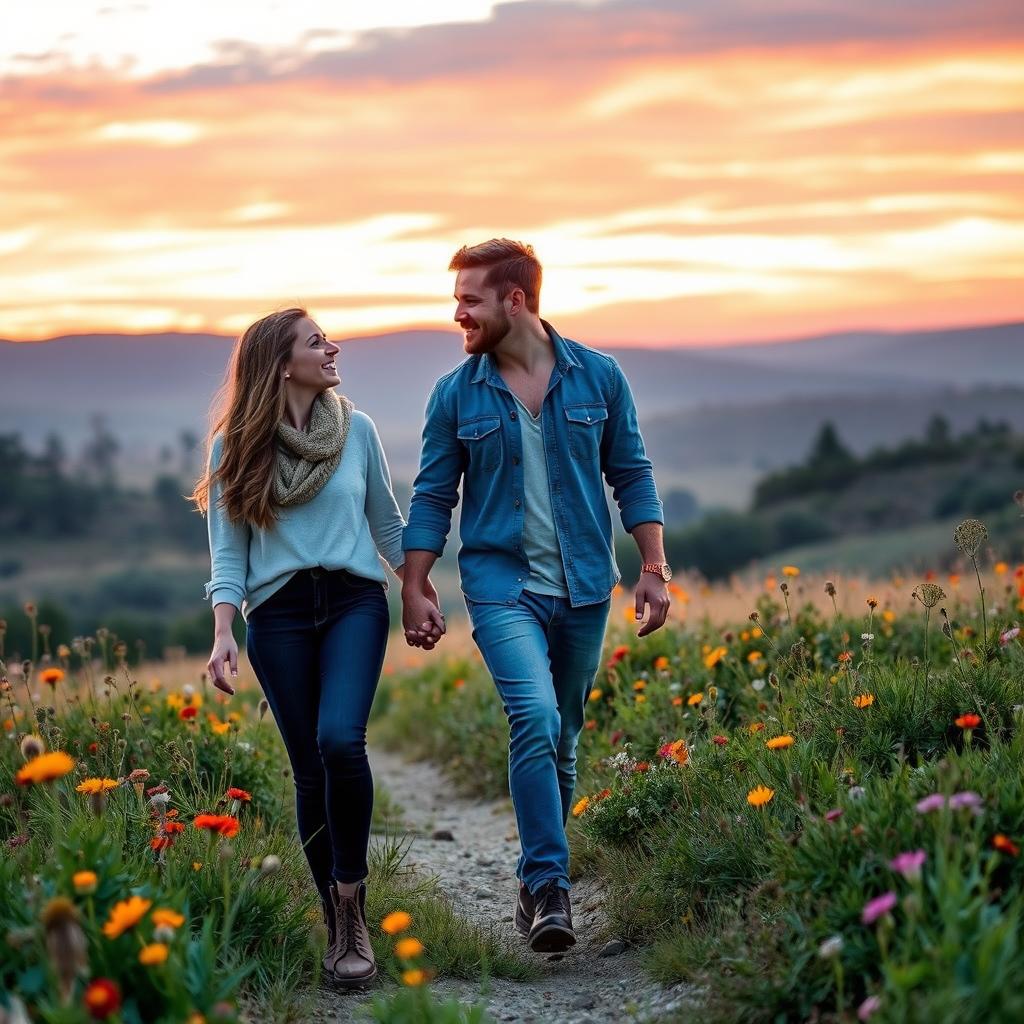 A romantic scene depicting a couple searching for hope and connection, walking hand in hand through a picturesque landscape at sunset