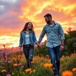 A romantic scene depicting a couple searching for hope and connection, walking hand in hand through a picturesque landscape at sunset