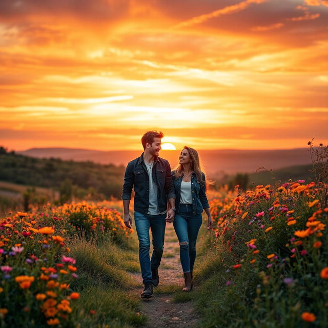 A romantic scene depicting a couple searching for hope and connection, walking hand in hand through a picturesque landscape at sunset