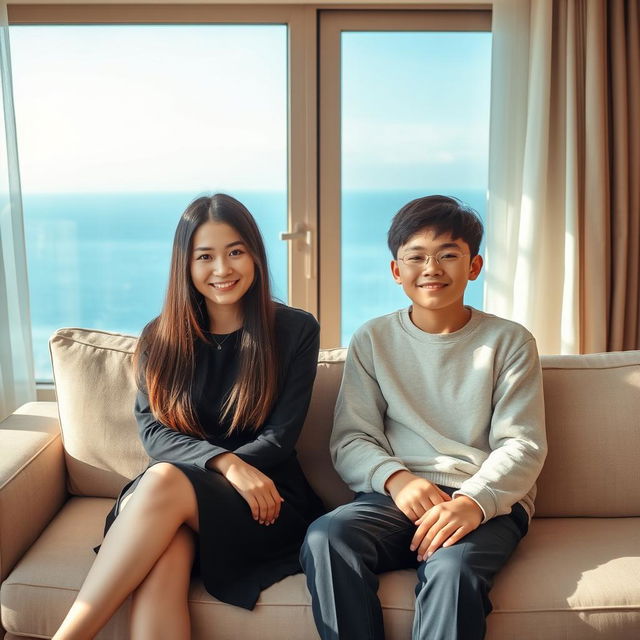 A beautiful Chinese woman, 18 years old, stylishly dressed with long straight hair covering her ears, sitting on a sofa next to her 15-year-old younger brother