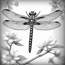 A captivating, black and white charcoal drawing depicts a dragonfly standing on its legs