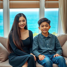 A beautiful Chinese woman, 18 years old, stylishly dressed with long straight hair covering her ears, sitting on a sofa next to her 15-year-old younger brother