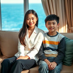 A beautiful Chinese woman, 18 years old, stylishly dressed with long straight hair covering her ears, sitting on a sofa next to her 15-year-old younger brother