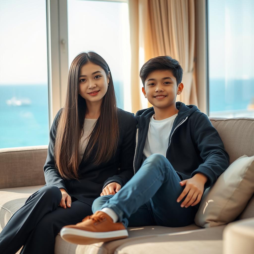 A beautiful Chinese woman, 18 years old, stylishly dressed with long straight hair covering her ears, sitting on a sofa next to her 15-year-old younger brother