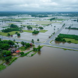 An aerial view of a flooded landscape in Sri Lanka, showcasing a vast expanse of water covering fields and roads, with lush green foliage peeking through in some areas