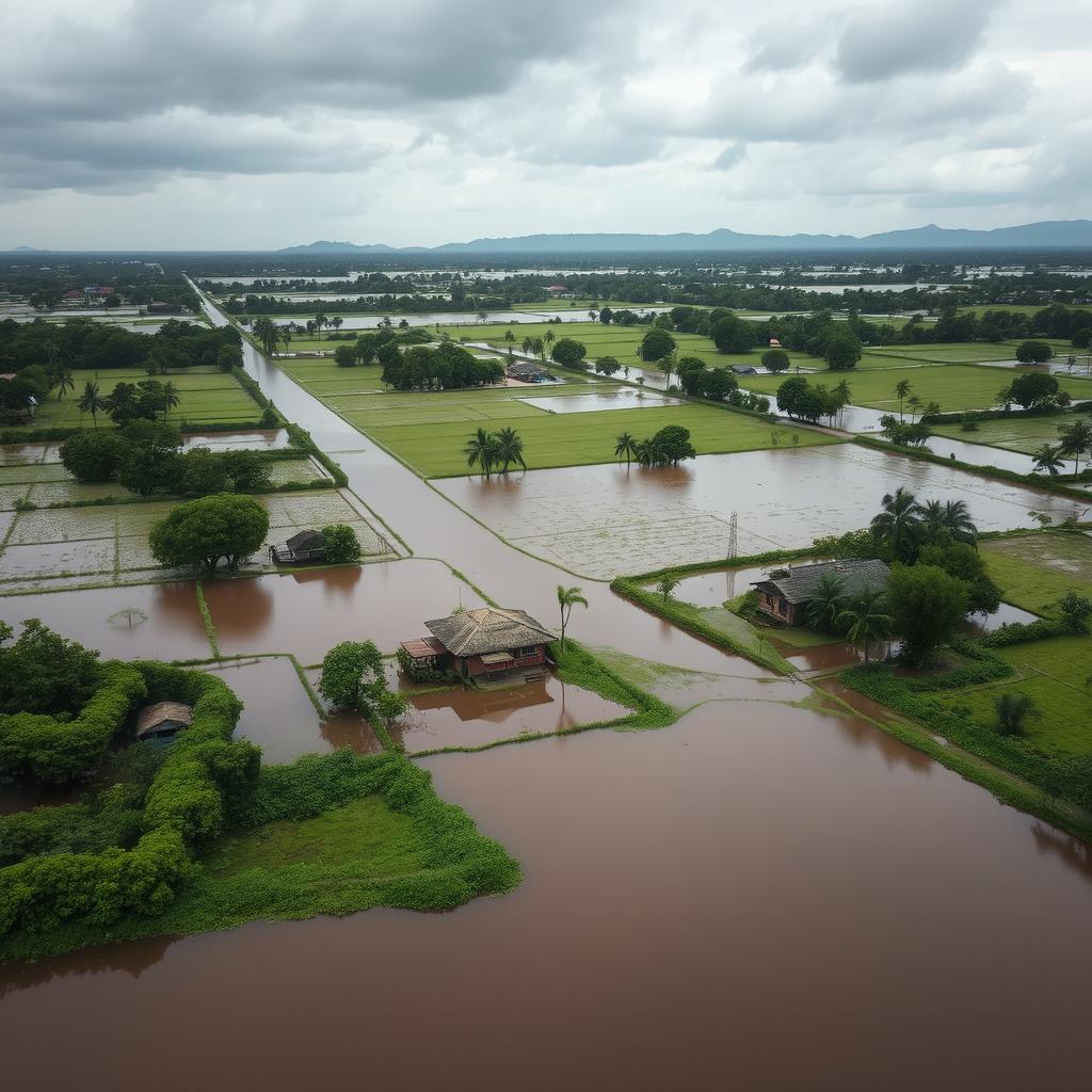 An aerial view of a flooded landscape in Sri Lanka, showcasing a vast expanse of water covering fields and roads, with lush green foliage peeking through in some areas
