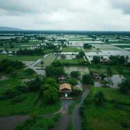 An aerial view of a flooded landscape in Sri Lanka, showcasing a vast expanse of water covering fields and roads, with lush green foliage peeking through in some areas