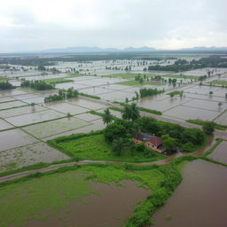 An aerial view of a flooded landscape in Sri Lanka, showcasing a vast expanse of water covering fields and roads, with lush green foliage peeking through in some areas