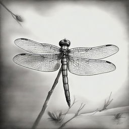 A monochromatic charcoal drawing, meticulously crafted, showcasing a dragonfly in exquisite detail