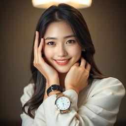 A beautiful South Korean woman posing gracefully and attractively, sitting on a wristwatch that is being worn on a wrist