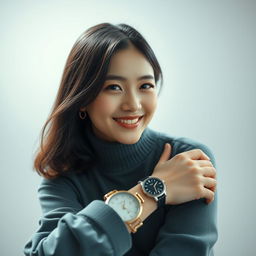A beautiful South Korean woman posing gracefully and attractively, sitting on a wristwatch that is being worn on a wrist