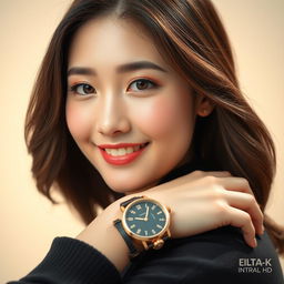 A beautiful South Korean woman posing gracefully and attractively, sitting on a wristwatch that is being worn on a wrist