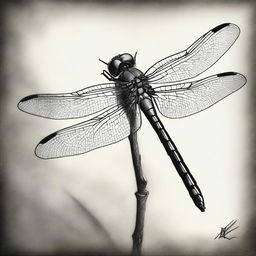 A monochromatic charcoal drawing, meticulously crafted, showcasing a dragonfly in exquisite detail