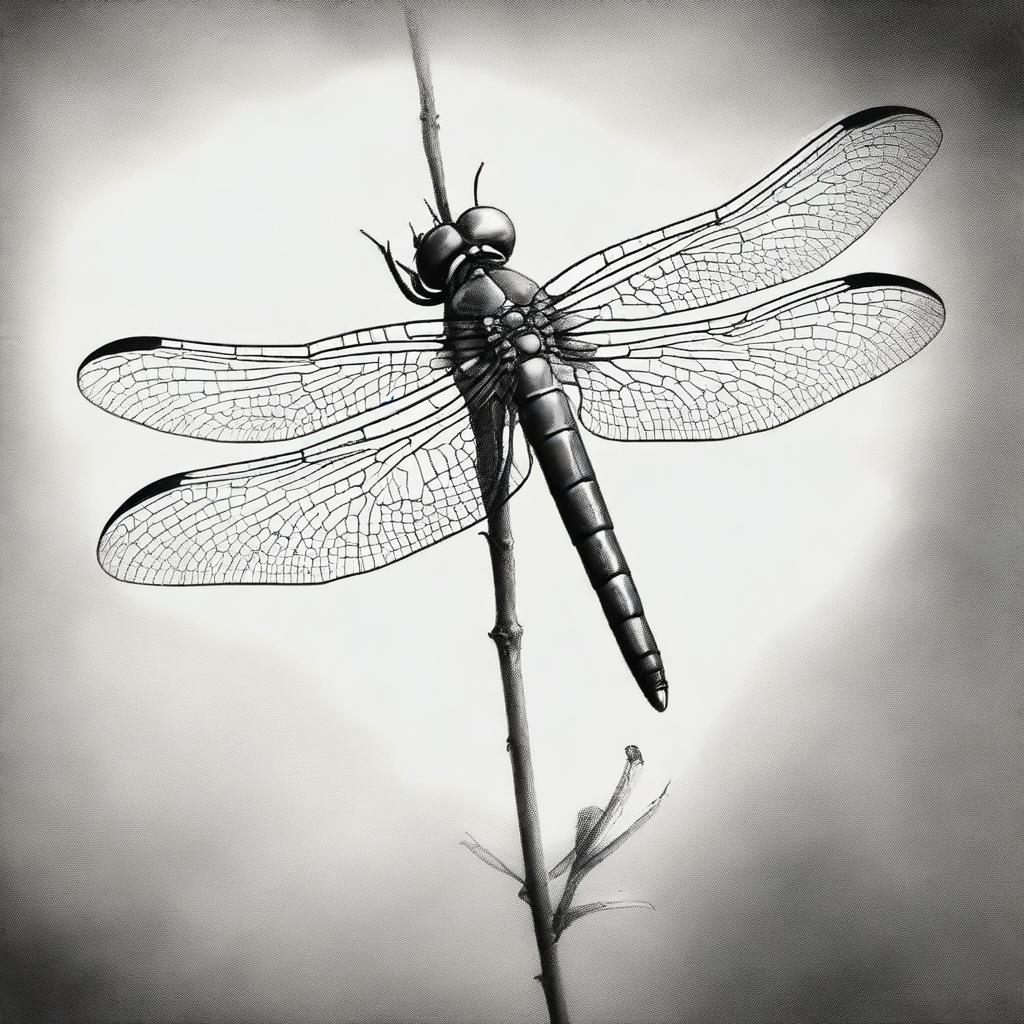 A monochromatic charcoal drawing, meticulously crafted, showcasing a dragonfly in exquisite detail