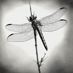 A monochromatic charcoal drawing, meticulously crafted, showcasing a dragonfly in exquisite detail