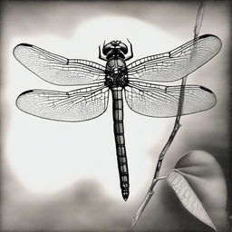 A monochromatic charcoal drawing, meticulously crafted, showcasing a dragonfly in exquisite detail